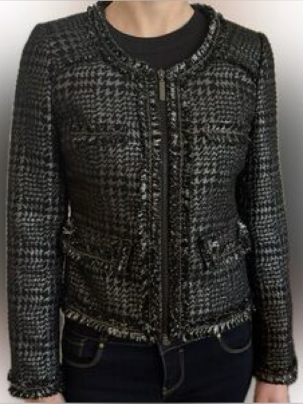Zara gray black metallic tweed blazer jacket full zip chain link trim classy S